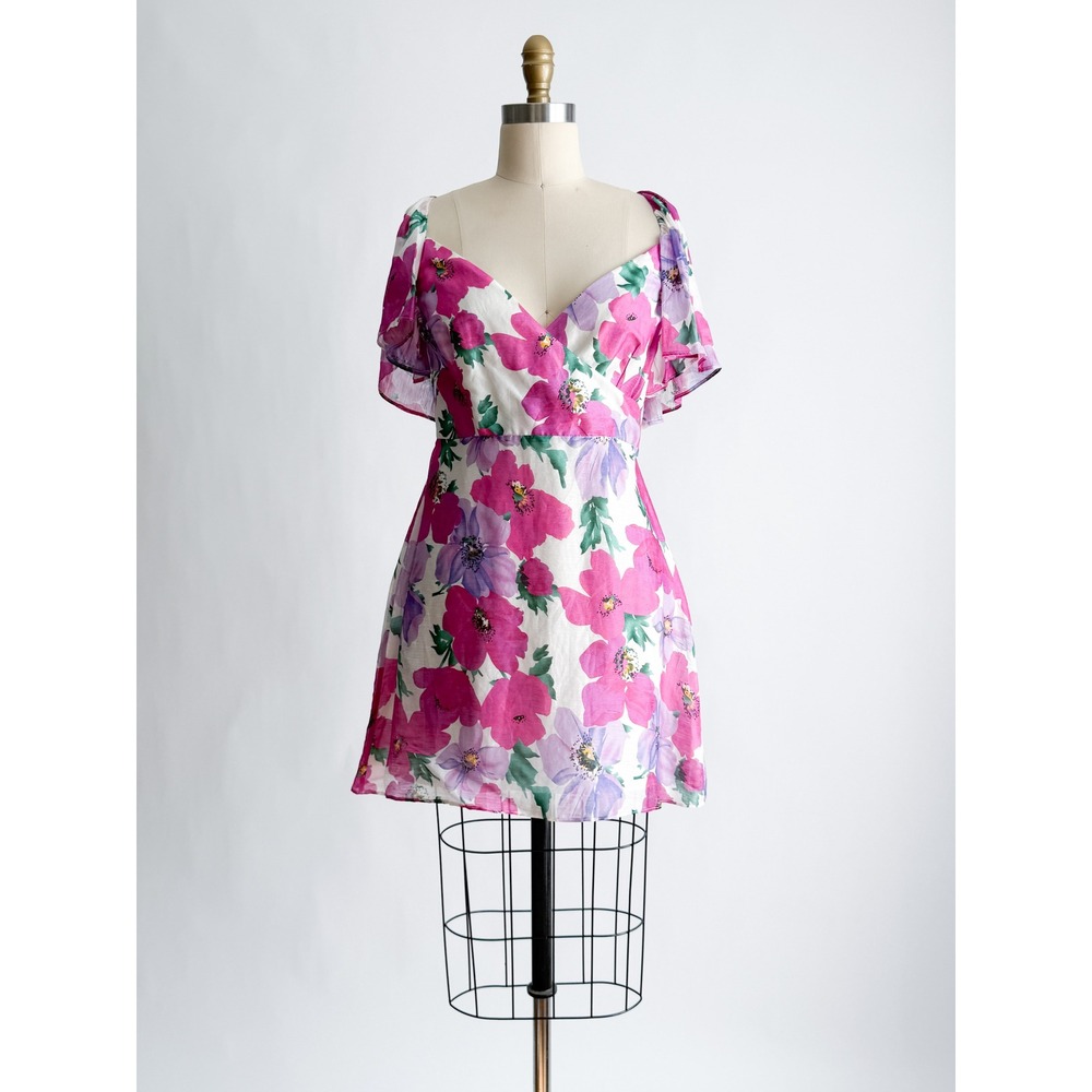 La Maison Talulah Floral Mini Dress Linen Blend Flutter Sleeve‎ M Pink White